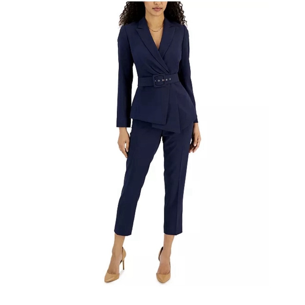 Tahari ASL Belted Jacket & Slim-Fit Pantsuit Set Women's 12 Midnight Navy NWT